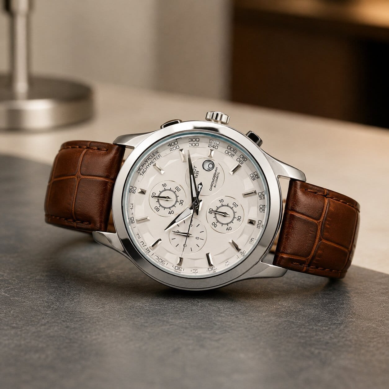 Home Tst Classic Silver Chronograph-Style Men’s Watch with Brown Strap